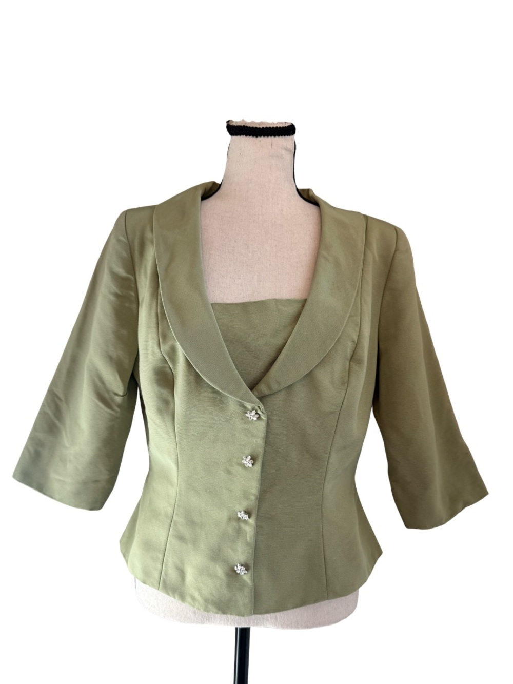 Watters & Watters Sage Green Satin Bridal Jacket Crystal Buttons Size 12